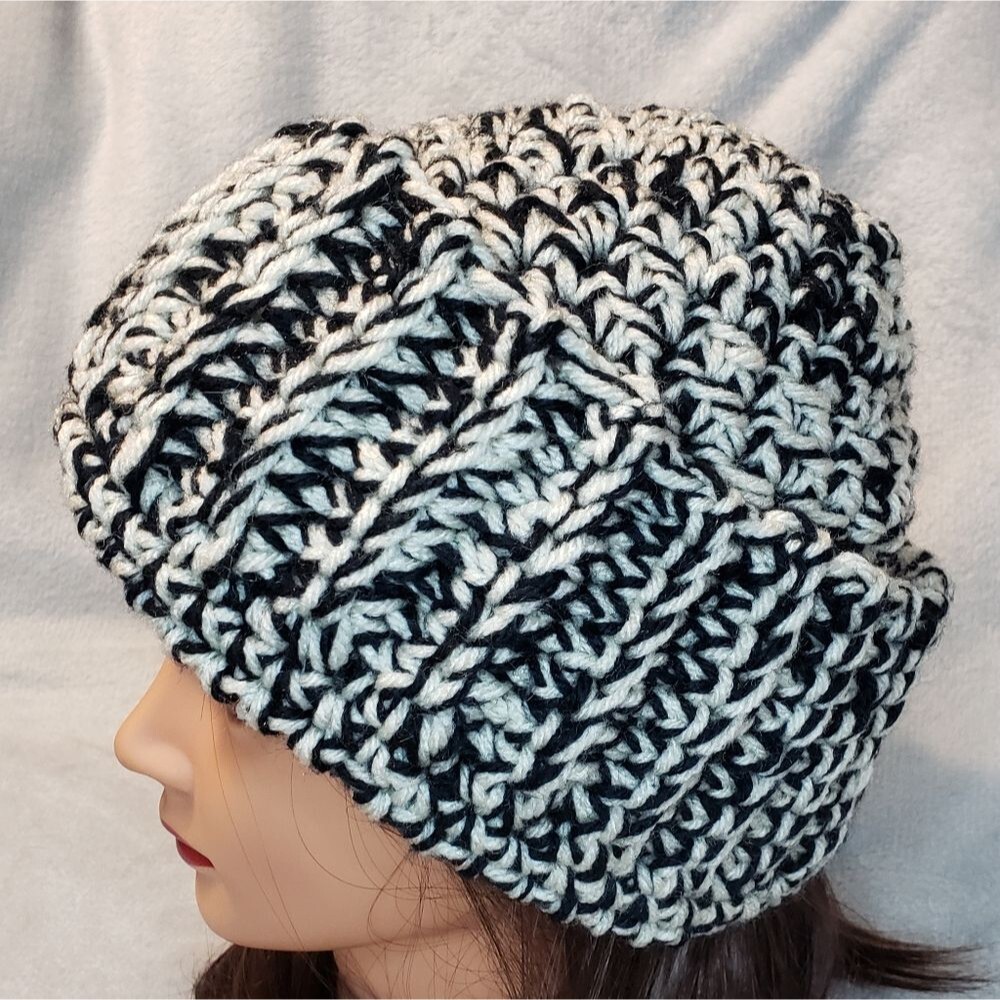 Crochet Beanie Hat, Ribbed, Chunky,  New, Handmade, Unisex, Black and off white